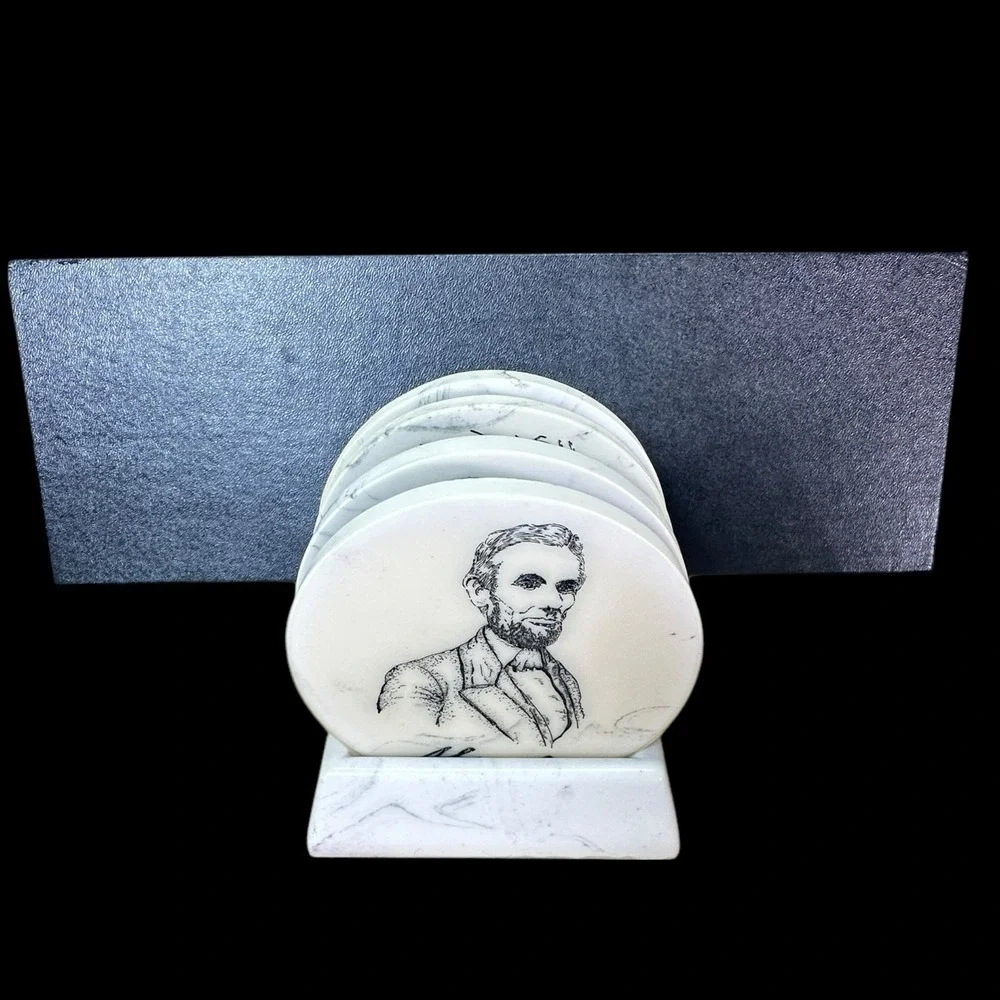 Abraham Lincoln Marble Stone Coasters Set Stand Engraved Life Of Lincoln Vintage